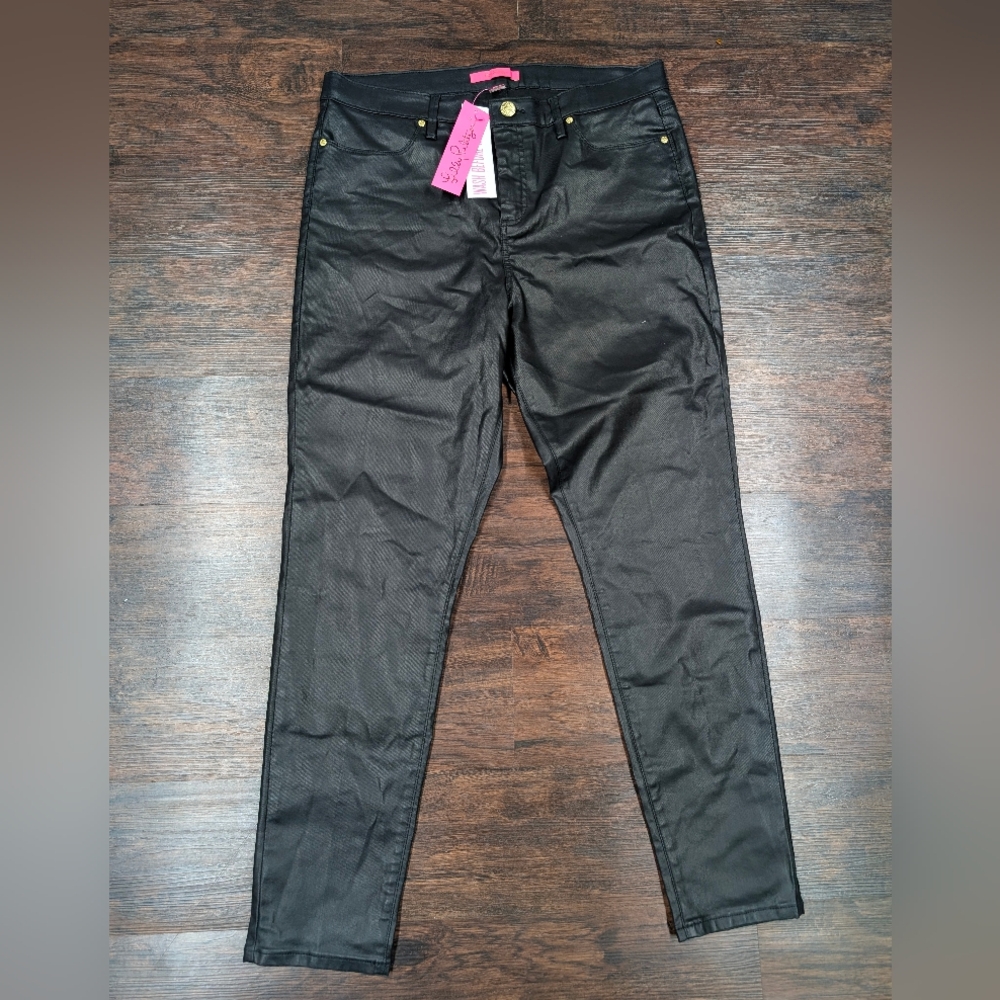 Lilly Pulitzer Eagan High Rise Stretch Black Faux Leather Coated Pants Size 16